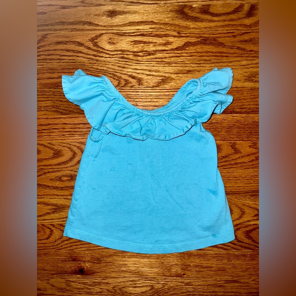 Hanna Andersson Blue Ruffle Neck Short Sleeve Tee, Toddler Girl, 3T